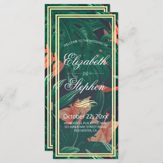 トロピカル フローラル & ゴールド フォイル フレーム ウェディング プログラム (正面/裏面)