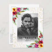 トロピカル フローラル ゴールド フォト ウェディング セーブ ザ デート インビテーションポストカード (正面/裏面)