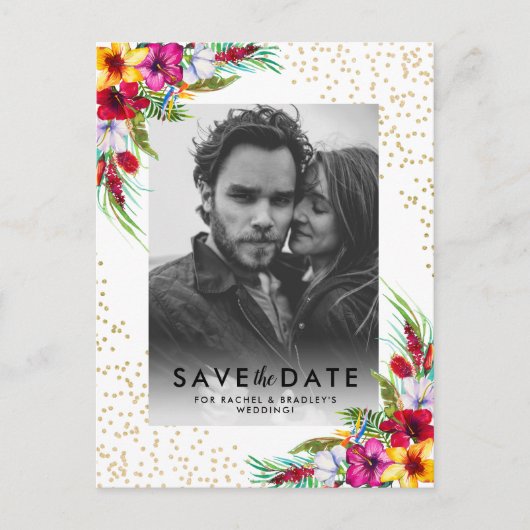 トロピカル フローラル ゴールド フォト ウェディング セーブ ザ デート インビテーションポストカード (正面)