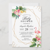 トロピカル フローラル ゴールド フレーム フラミンゴ ベビー シャワー 招待状 (正面)