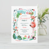 トロピカル フローラル サマー フラミンゴ パーティー 招待状 (スタンド正面)