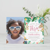 トロピカル フローラル ジャングル 動物 子ども 誕生日 フォト 招待状 (スタンド正面)