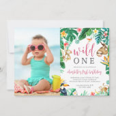 トロピカル フローラル ジャングル 動物 子供の誕生日 フォト 招待状 (正面)