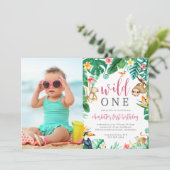 トロピカル フローラル ジャングル 動物 子供の誕生日 フォト 招待状 (スタンド正面)