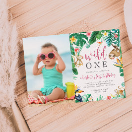 トロピカル フローラル ジャングル 動物 子供の誕生日 フォト 招待状