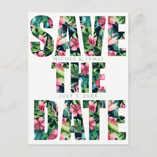 トロピカル フローラル ハワイアン ウェディング セーブ ザ デート 案内ポストカード (正面)