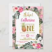 トロピカル フローラル パイナップル アロハ ファースト バースデー 招待状 (正面)