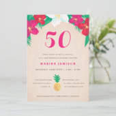 トロピカル フローラル & パイナップル 50歳の誕生日パーティー 招待状 (スタンド正面)