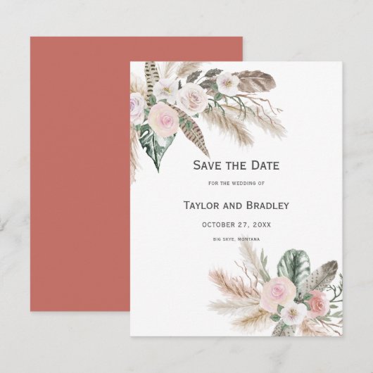 トロピカル フローラル パンパス グラス、フェザーズ、ラスティック | I セーブザデート (正面/裏面)