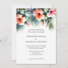 トロピカル フローラル ピンクとオレンジのフォーマル ウェディング 招待状