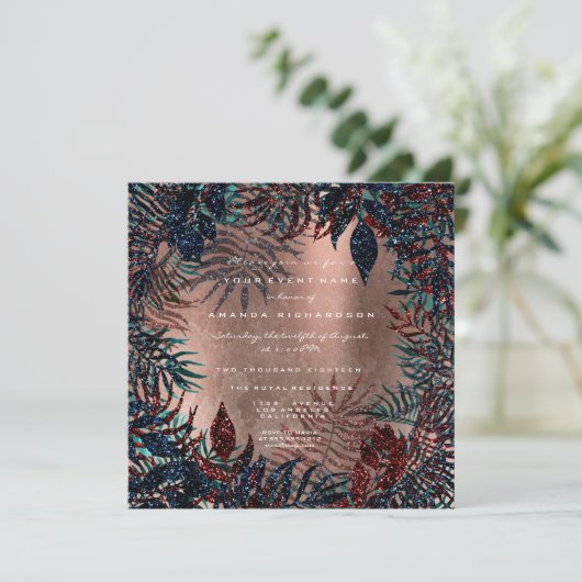 トロピカル フローラル フェアリー リーフ フレームド カッパー ティール ネイビー 招待状 (スタンド正面)