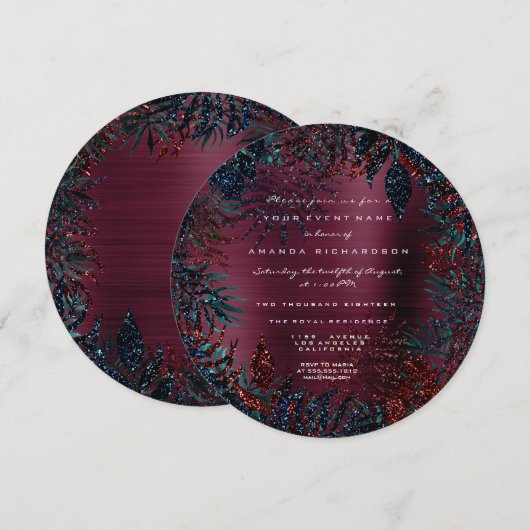 トロピカル フローラル フェン Leafs フレームド バーガンディ グリッター 招待状 (正面/裏面)
