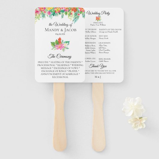 トロピカル フローラル ブーケ ウェディング プログラム ハンドファン (正面&裏面)