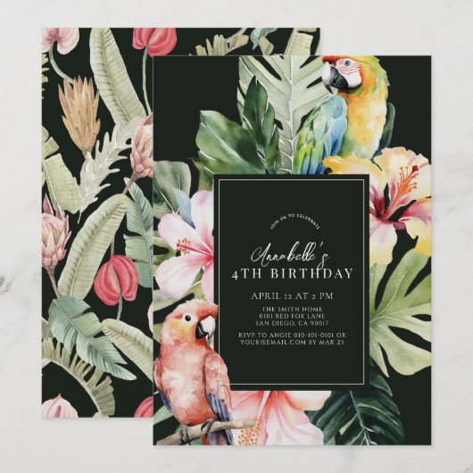 トロピカル フローラル & ボタニカル パロット キッズ バースデー 招待状 (正面/裏面)