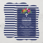 トロピカル フローラル ルアウ ネイビー ファースト ホーリー コミュニオン 招待状 (正面/裏面)