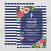 トロピカル フローラル ルアウ ネイビー ファースト ホーリー コミュニオン 招待状 (正面/裏面)