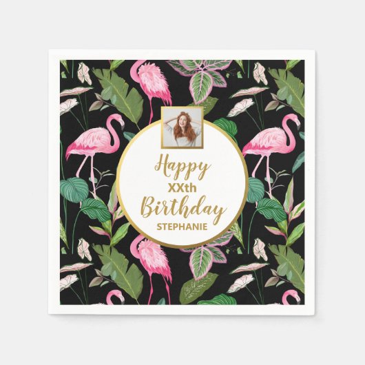 トロピカル フローラル ルアウ フラミンゴ 誕生日 フォト スタンダードカクテルナプキン (正面)