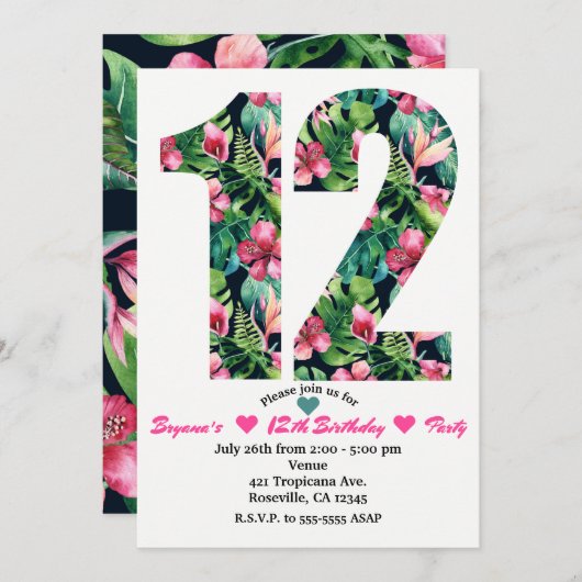 トロピカル フローラル 12 12歳の誕生日パーティー招待状 招待状 (正面/裏面)