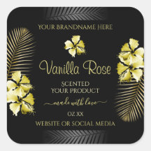 トロピカル ブラック ゴールド プロダクト ラベル ハワイアン フラワーズ