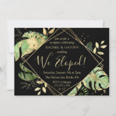 トロピカル ブラック＆ゴールド 私たち式場を飛び出しました レセプション 招待状 (正面)