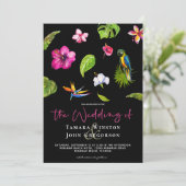 トロピカル ブラック ピンク フローラル グリーン ビーチ ウェディング 招待状 (スタンド正面)
