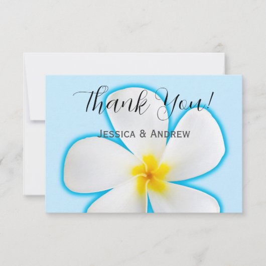 トロピカル、ブルーに白いプルメリア 、花卉 サンキューカード (正面)