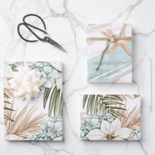 トロピカル ブルー ホワイトの花のウェディング ラッピングペーパーシート (正面)