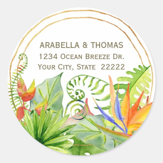 トロピカル ブーケ 水彩 花 リターン アドレス ラウンドシール (正面)