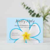 トロピカル、ホワイトプルメリアオンブルー、フローラ、RSVP サンキューカード (スタンド正面)