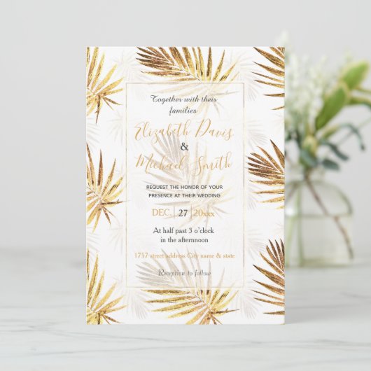トロピカル ホワイト ゴールド パームリーフ グリーン 招待状 (スタンド正面)