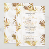 トロピカル ホワイト ゴールド パームリーフ グリーン 招待状 (正面/裏面)