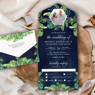 トロピカル モンステラ ヤシの葉 写真 ネイビー ウェディング オールインワン招待状