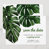 トロピカル モンステラ 水彩グリーン セーブ・ザ・デート 招待状 (正面/裏面)