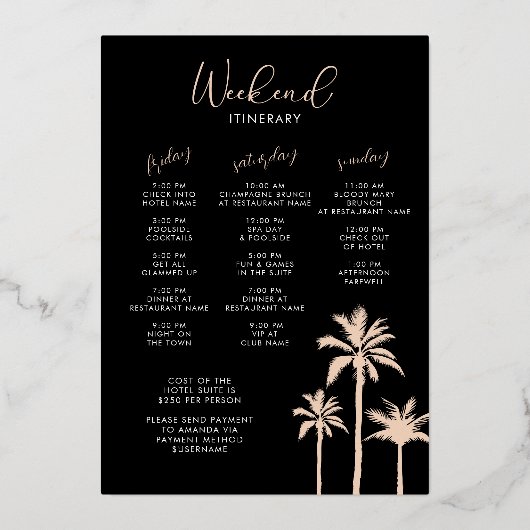 トロピカル ローズ ゴールドの独身最後の週末 箔招待状 (裏面)