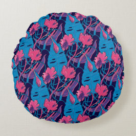トロピカル ワイルド フラワー 青 ピンク モダン エキゾチック ラウンドクッション