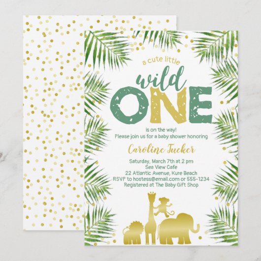 トロピカル ワイルド ワン ゴールド サファリ アニマル ベイビー シャワー 招待状 (正面/裏面)