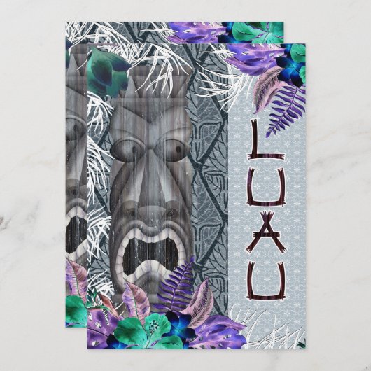 トロピカル ヴィンテージ レトロ フラワーティキ ハワイアン ルアウ 招待状 (正面/裏面)