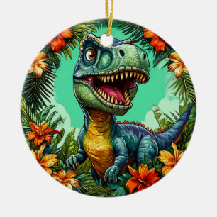 🦖トロピカル+恐竜+フラワー+セラミック+ホリデー セラミックオーナメント