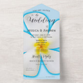 トロピカル、白プルメリアオンブルー結婚、フローラ オールインワン招待状 (内側)