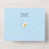 トロピカル、白プルメリアオンブルー結婚、フローラ オールインワン招待状 (裏面)