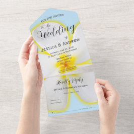 トロピカル、白、黄のプルメリア、フローラ結婚 オールインワン招待状