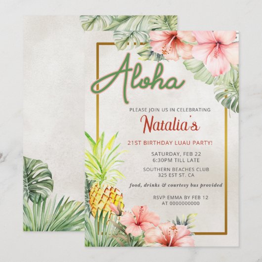 トロピカル LUAU 大人誕生日パーティー 招待状 (正面/裏面)