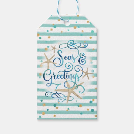 トロピカルSEAson's Greetings,ティール(緑がかった色)/ブラウンストライプ ギフトタグ (正面)