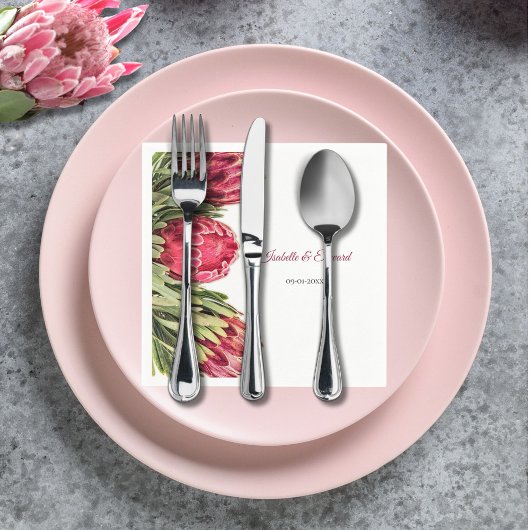 トロピッエレガントクピンクプロテア結婚フローラ スタンダードカクテルナプキン