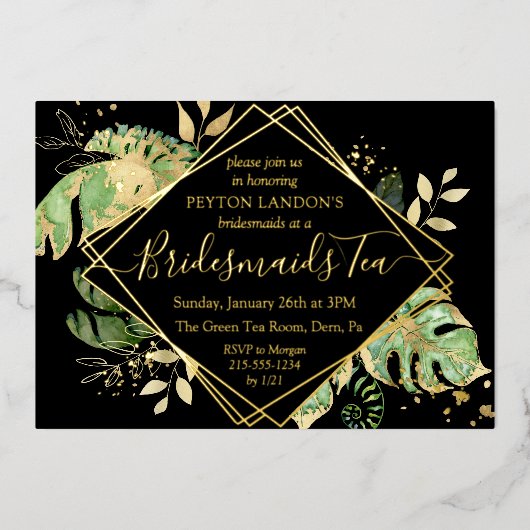 トロピッエレガントクブラック&金ゴールドブリデスメイドティーパーティー 箔招待状 (正面)