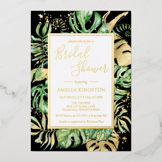 トロピッエレガントクブラック&金ゴールドモダンブライダルシャワー 箔招待状 (正面)