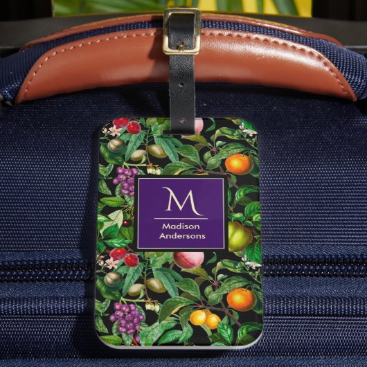 トロピッエレガントク果実ブラックパターンのモノグラム ラゲッジタグ (正面インサイチュ2)