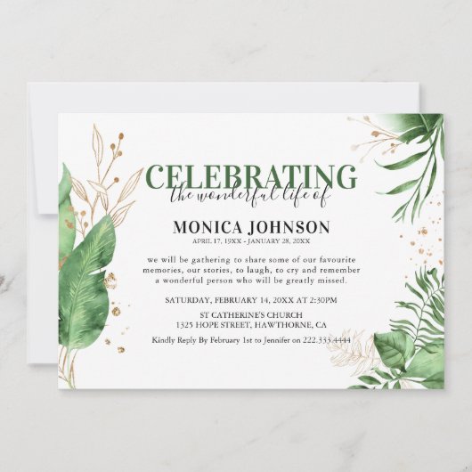 トロピッエレガントク植物緑と金ゴールド葬儀 招待状 (正面)