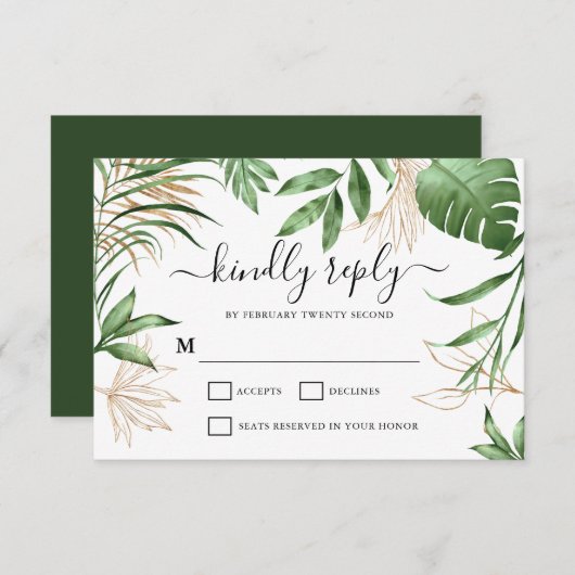 トロピッエレガントク・サマー・グリーン&金ゴールド結婚ズ 出欠カード (正面/裏面)