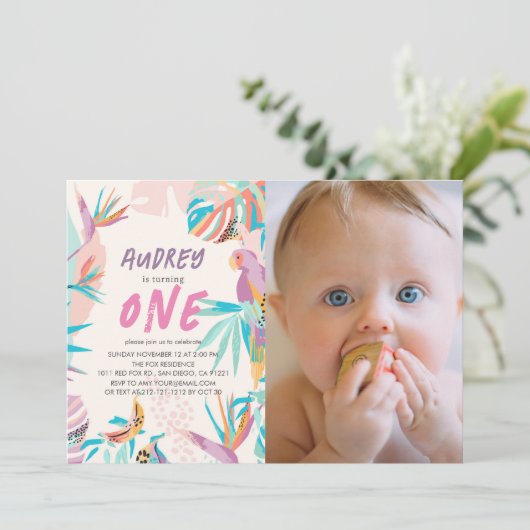 トロピッカラフルク葉のオウム写真1st誕生日 招待状 (スタンド正面)